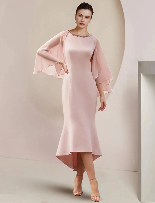 Mermaid / Trumpet Mother of the Bride Dress Formal Wedding Guest Party Vintage Elegant Scoop Neck Asymmetrical Tea Length Chiffon Sleeveless with Beading by YiHuiw