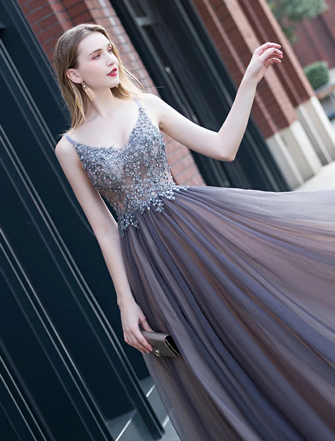 A-Line Minimalist Elegant Party Wear Prom Dress V Neck Sleeveless Floor Length Tulle with Pleats Appliques by YiHuiw