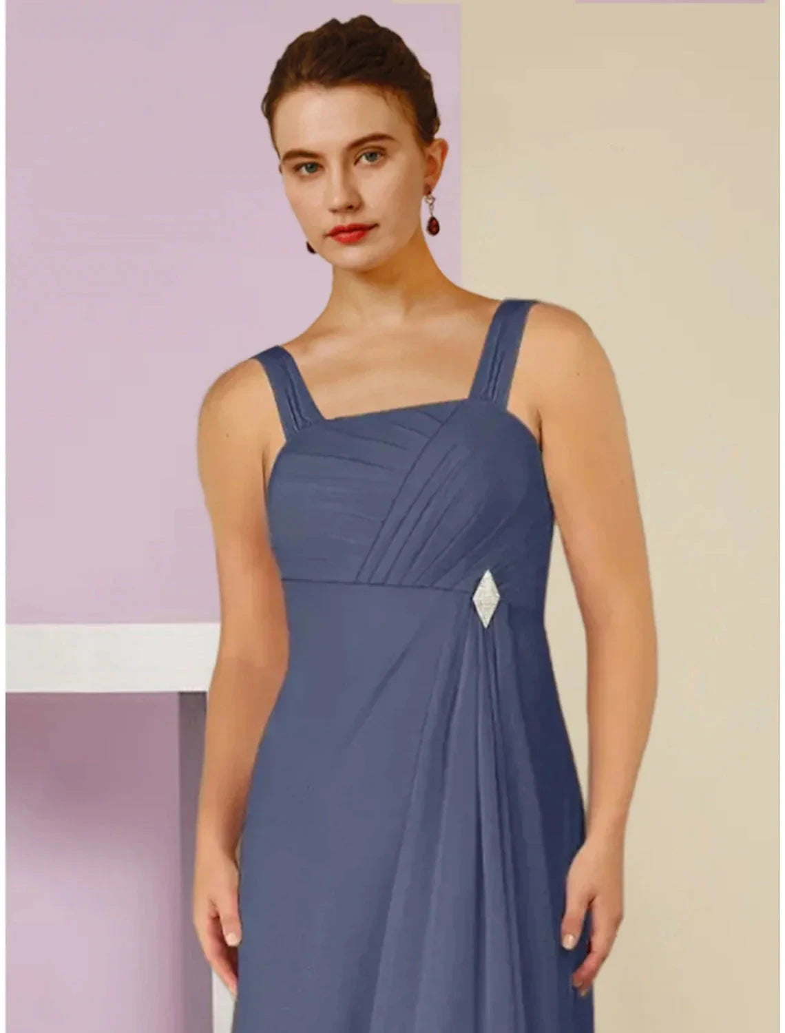 A-Line Mother of the Bride Dress Wedding Guest Elegant Square Neck Ankle Length Chiffon Long Sleeve with Crystal Brooch Ruching by YiHuiw