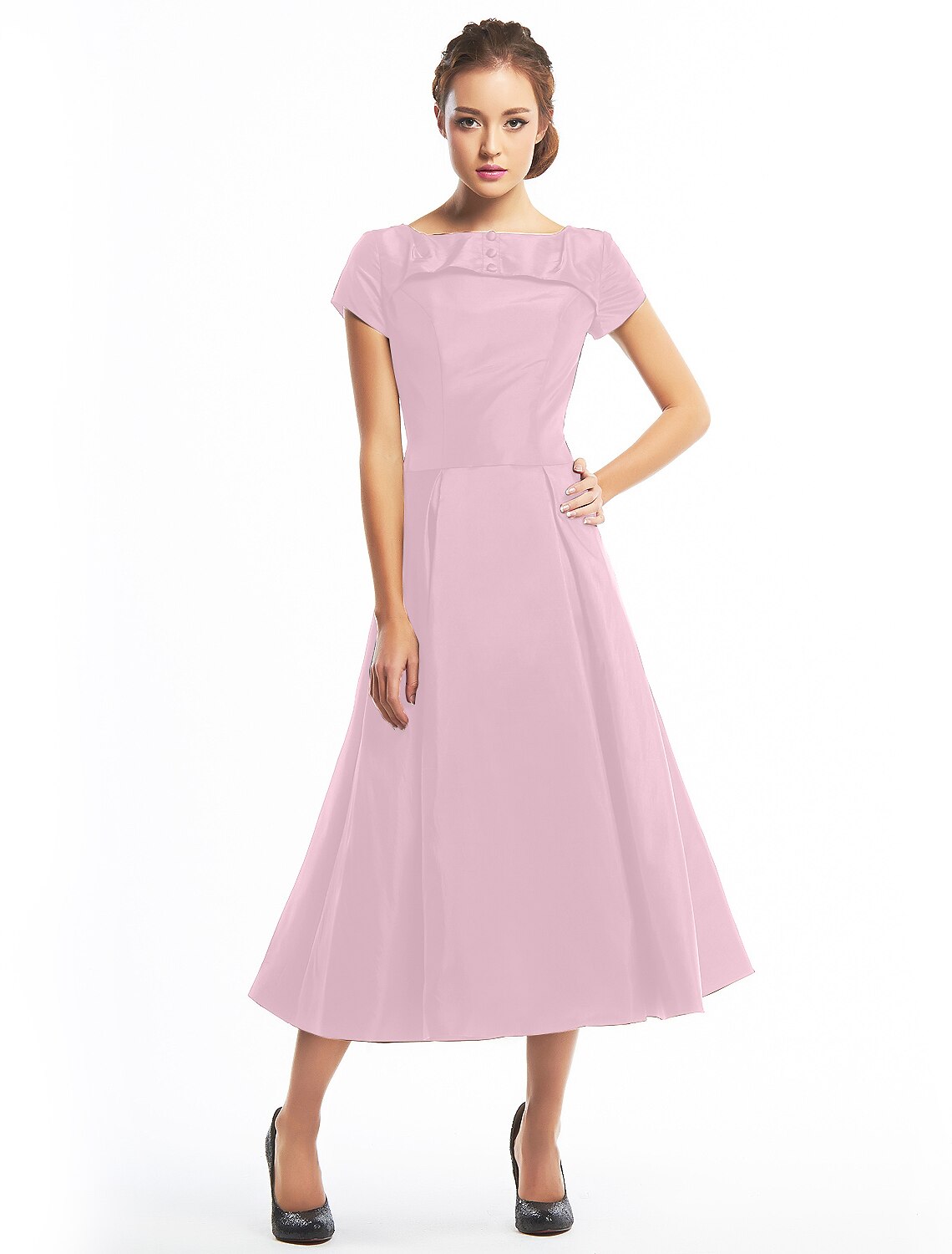 A-Line Black Dress Vintage Homecoming Wedding Guest Tea Length Short Sleeve Boat Neck Taffeta with Buttons by YiHuiw