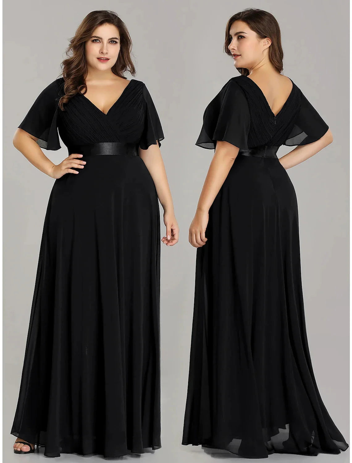 A-Line Empire Fall Wedding Guest Dress For Bridesmaid Plus Size Formal Evening Dress V Neck Short Sleeve Floor Length Chiffon with Pleats Ruched by YiHuiw