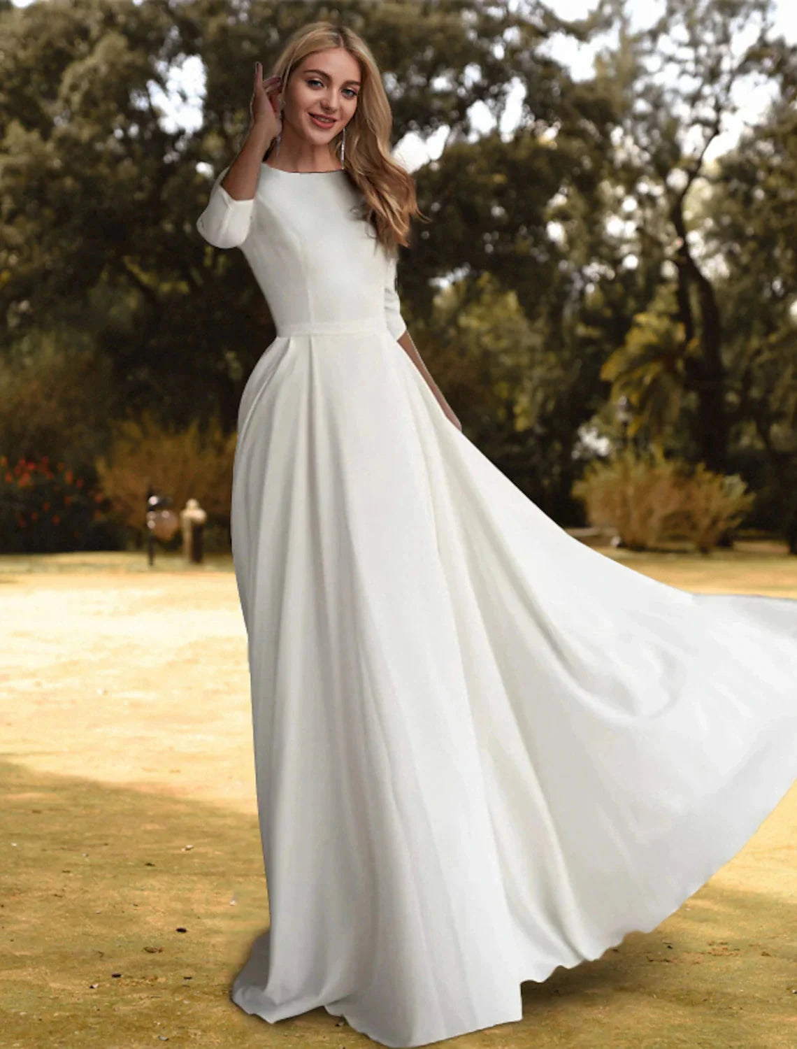 Hall Casual Fall Wedding Dresses A-Line Scoop Neck 3/4 Length Sleeve Sweep / Brush Train Fabric Bridal Gowns With Pleats Solid Color Summer Wedding Party, Women's Clothing by YiHuiw