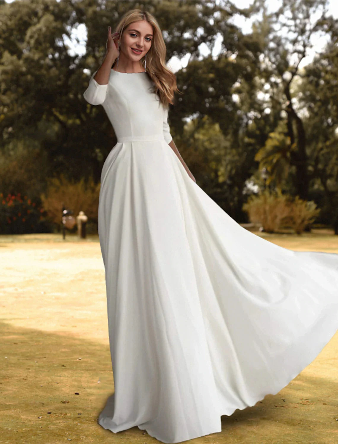Hall Casual Fall Wedding Dresses A-Line Scoop Neck 3/4 Length Sleeve Sweep / Brush Train  Fabric Bridal Gowns With Pleats Solid Color  Summer Wedding Party, Women's Clothing