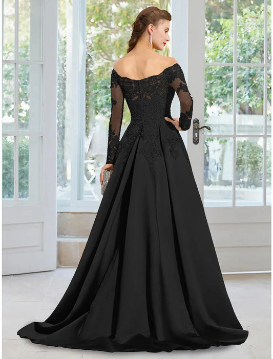 A-Line Evening Gown Floral Dress Formal Black Dress Court Train Long Sleeve Off Shoulder Lace with Appliques by YiHuiw