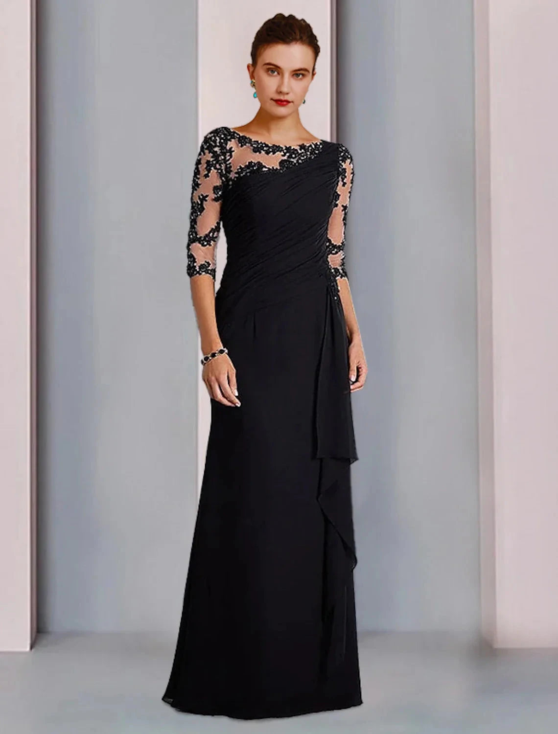 Sheath / Column Mother of the Bride Dress Formal Fall Wedding Guest Dresses Elegant Jewel Neck Floor Length Chiffon Lace 3/4 Length Sleeve with Beading Appliques by YiHuiw