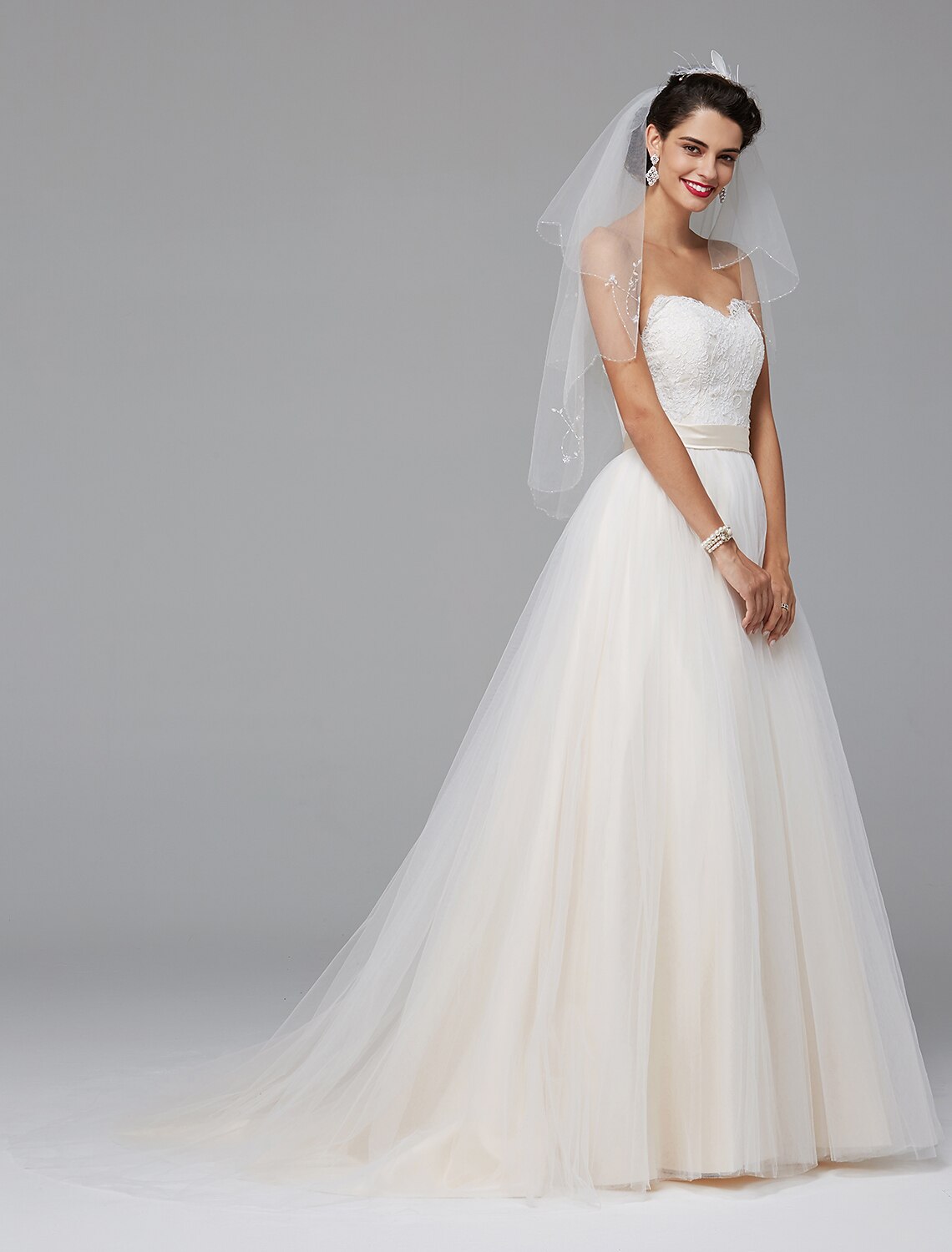 A-Line Wedding Dresses Sweetheart Neckline Court Train Lace Tulle Sleeveless Wedding Dress in Color with Sash / Ribbon Buttons by YiHuiw