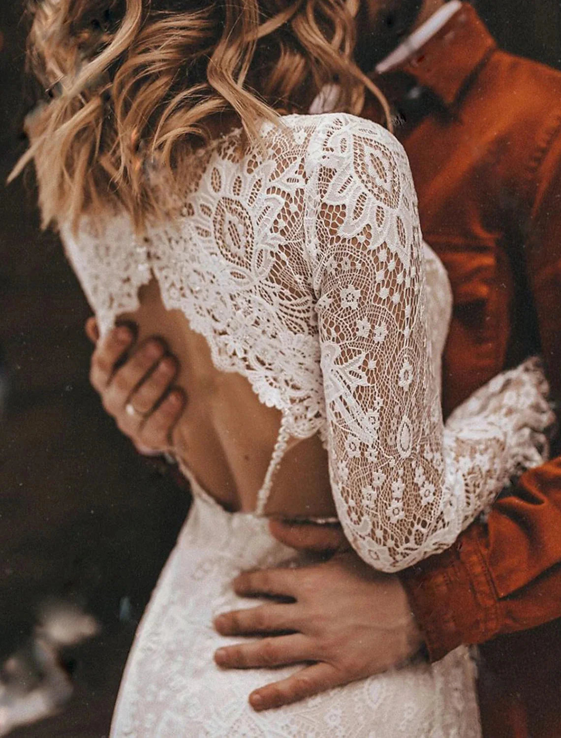 Beach Open Back Boho Wedding Dresses A-Line V Neck Long Sleeve Court Train Lace Bridal Gowns With Solid Color by YiHuiw