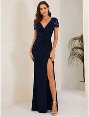 Mermaid / Trumpet Wedding Guest Dresses Elegant Dress Formal Floor Length Short Sleeve V Neck  Fabric with Crystals Slit