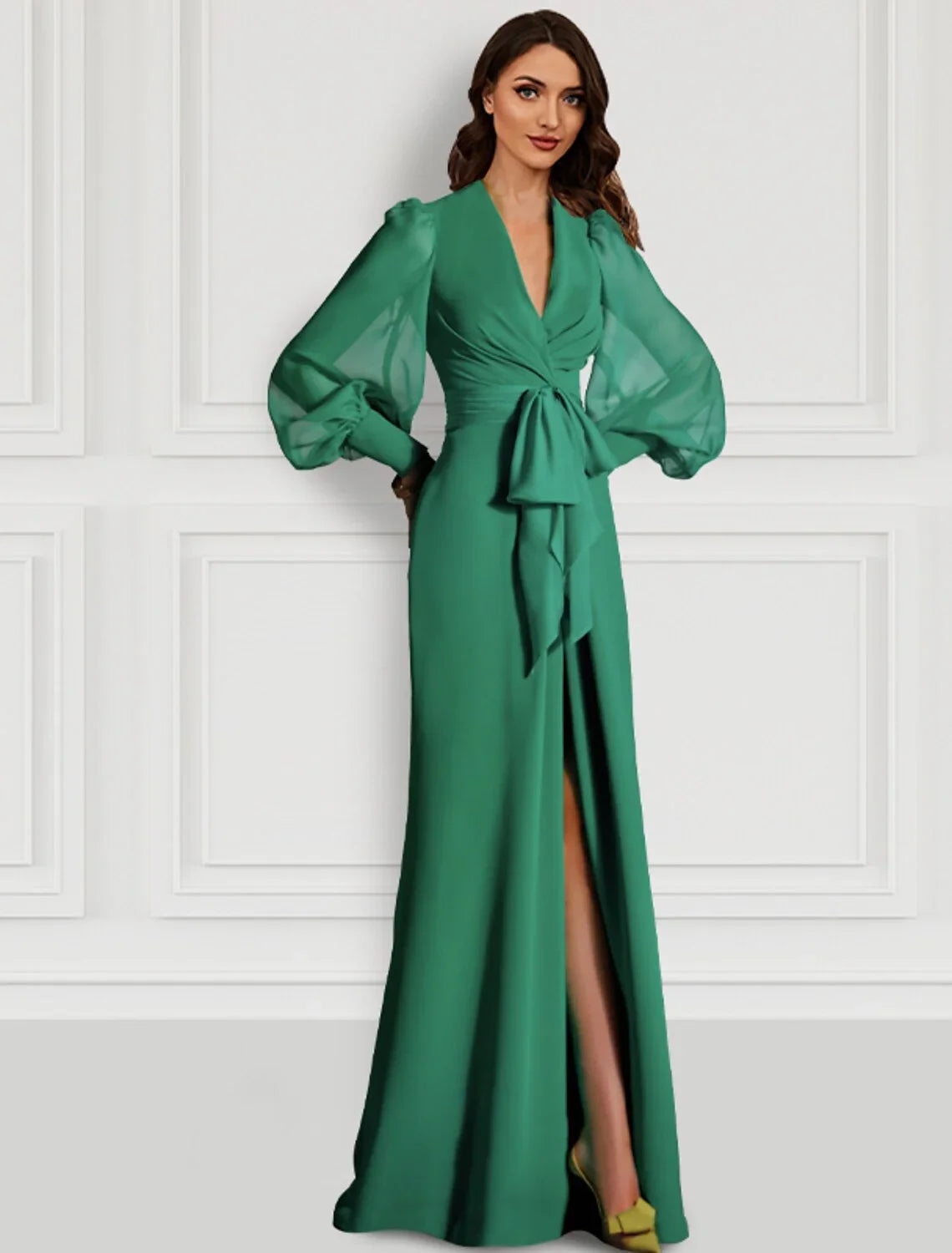 Sheath Evening Gown Sage Mother Elegant Dress Formal Sweep / Brush Train Long Sleeve V Neck Chiffon with Slit Strappy by YiHuiw