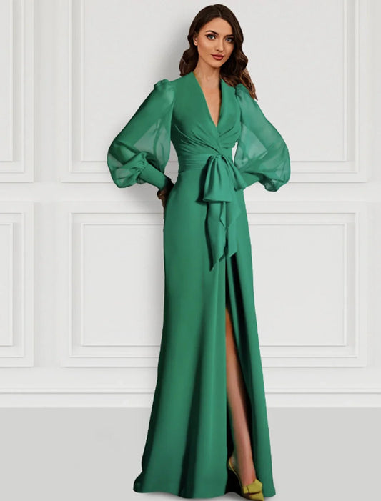 Sheath Evening Gown Sage Mother Elegant Dress Formal Sweep / Brush Train Long Sleeve V Neck Chiffon with Slit Strappy by YiHuiw