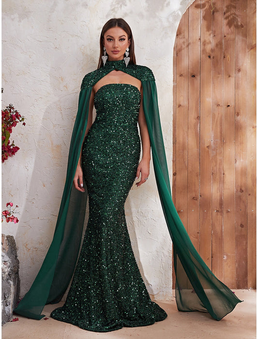 Mermaid / Trumpet Evening Gown Backless Dress Formal Wedding Reception Sweep / Brush Train Sleeveless High Neck Capes Sequined with Sequin by YiHuiw