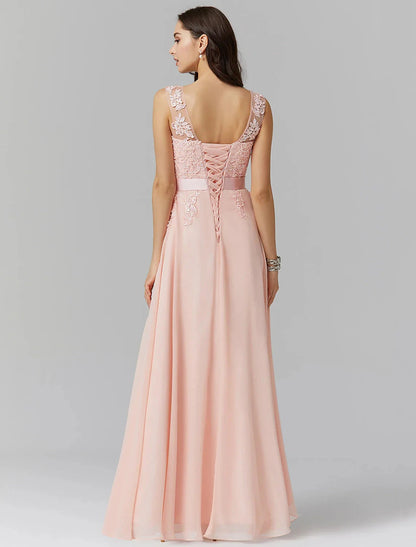 A-Line Bridesmaid Dress Jewel Neck Sleeveless Elegant Floor Length Chiffon / Lace with Appliques by YiHuiw