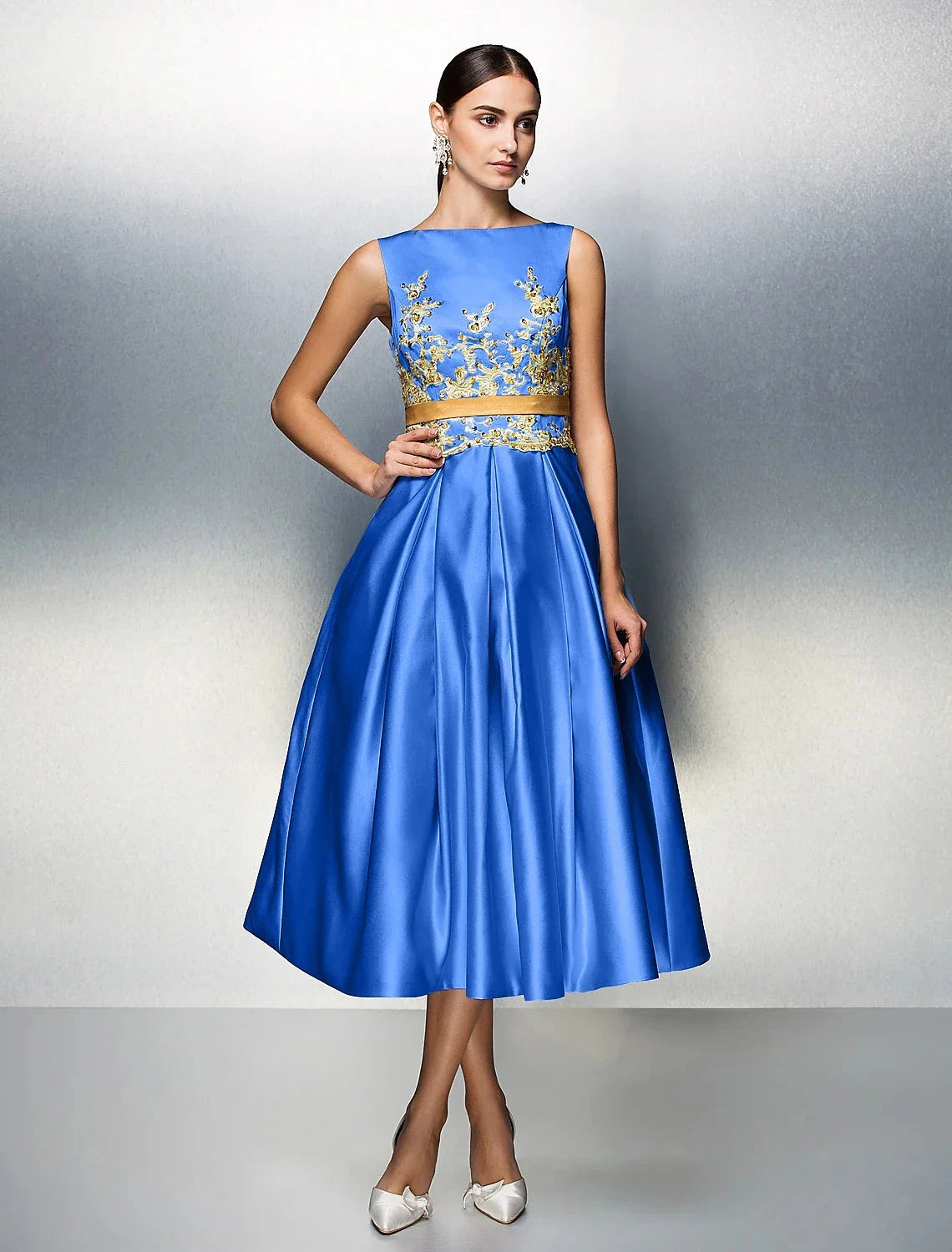 A-Line Cocktail Dresses Party Dress Wedding Guest Prom Tea Length Sleeveless Jewel Neck Satin V Back with Pleats Appliques by YiHuiw
