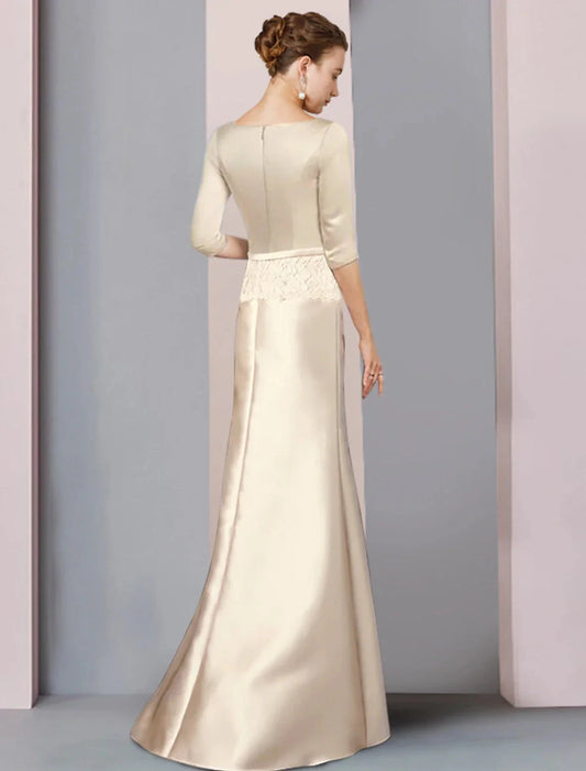 Sheath / Column Mother of the Bride Dress Wedding Guest Vintage Elegant V Neck Floor Length Satin Lace 3/4 Length Sleeve with Sash / Ribbon Bow(s) by YiHuiw