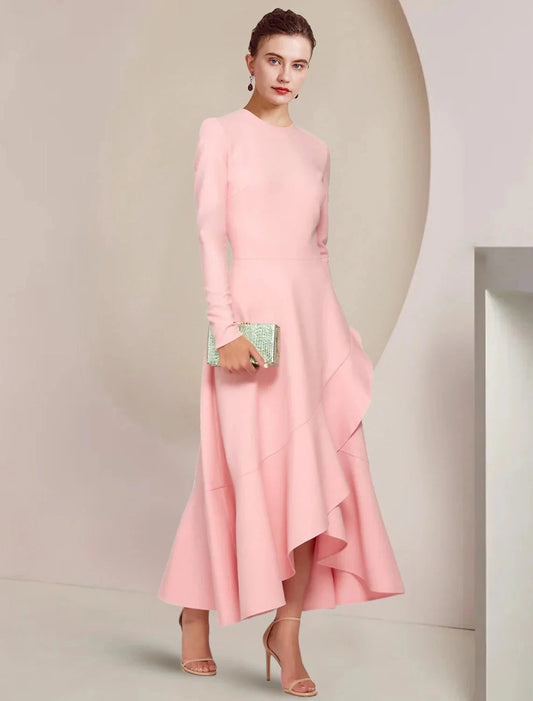 A-Line Mother of the Bride Dress Formal Wedding Guest Elegant High Low Scoop Neck Asymmetrical Ankle Length Fabric Long Sleeve with Ruffles by YiHuiw