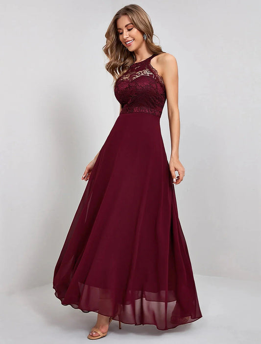 A-Line Elegant Vintage Party Wear Formal Evening Dress Jewel Neck Sleeveless Ankle Length Nylon with Lace Insert Pure Color Splicing by YiHuiw
