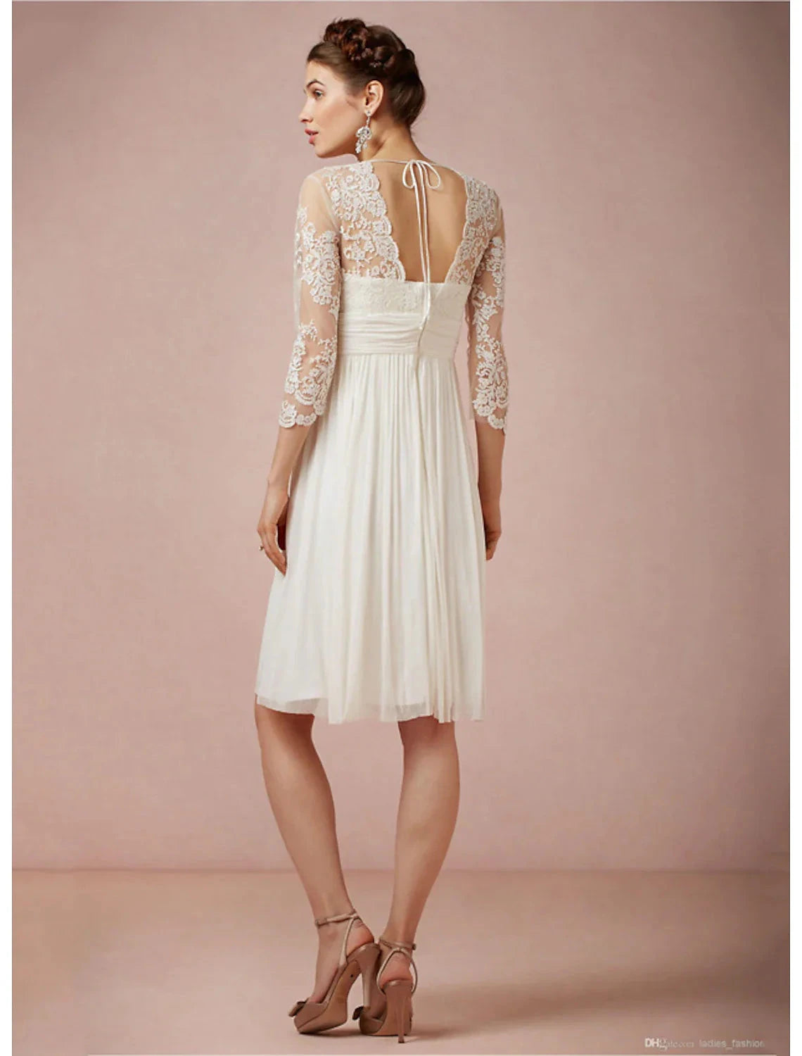 Reception Fall Wedding Dresses Open Back Little White Dresses A-Line V Neck 3/4 Length Sleeve Knee Length Chiffon Bridal Gowns With Ruched Summer Wedding Party Women‘s Clothing by YiHuiw