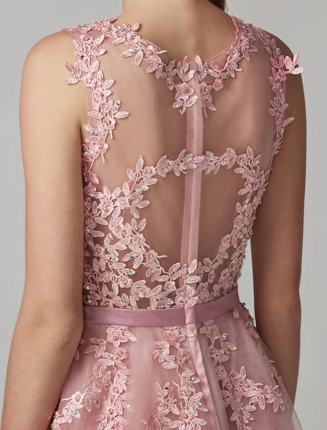 A-Line Cute Dress Cocktail Party Prom Knee Length Sleeveless Illusion Neck Tulle Over Lace with Beading Appliques by YiHuiw