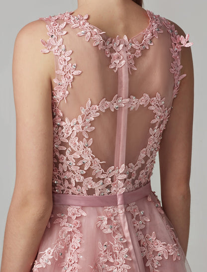 A-Line Cute Dress Cocktail Party Prom Knee Length Sleeveless Illusion Neck Tulle Over Lace with Beading Appliques by YiHuiw