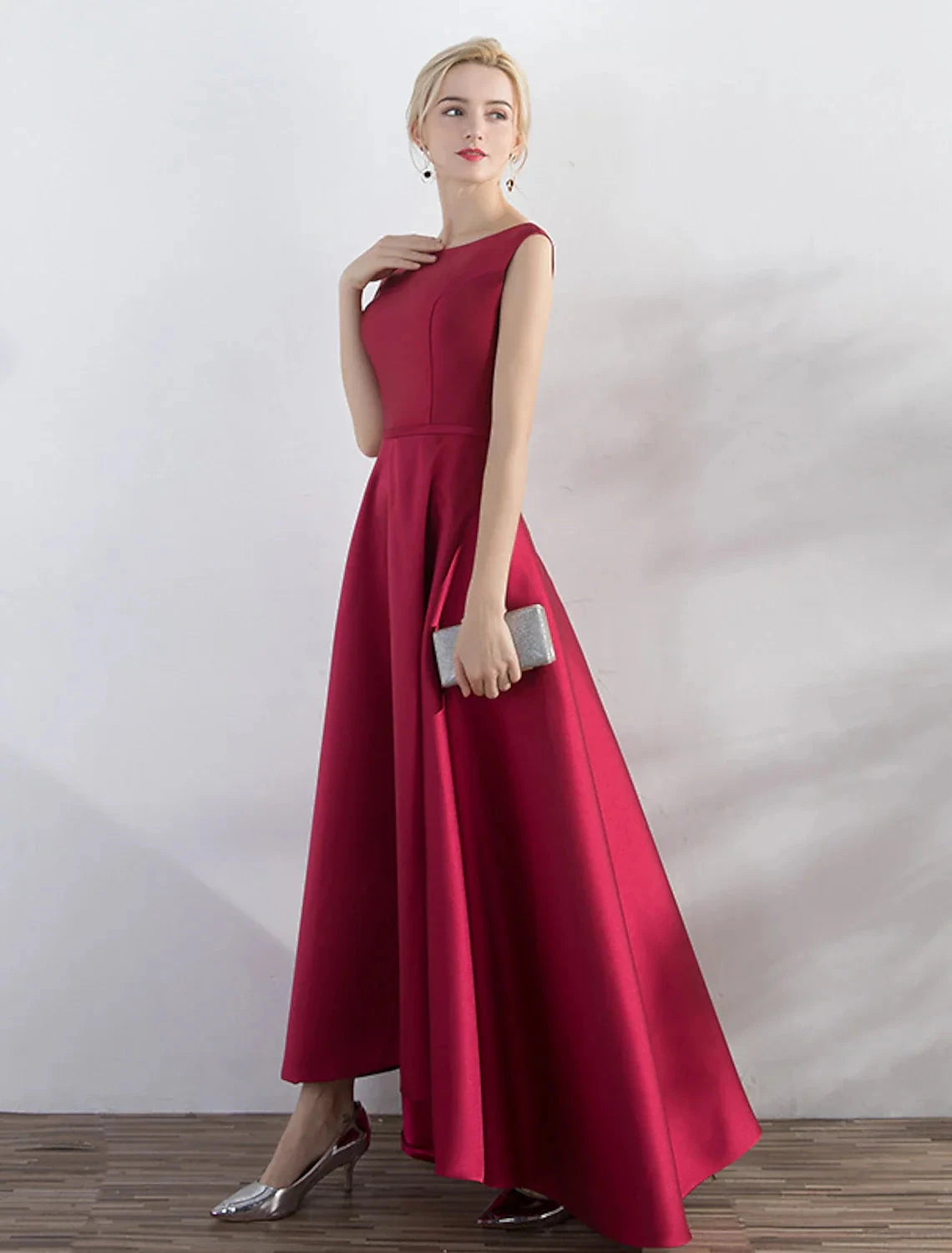 A-Line Evening Gown Minimalist Dress Party Wear Formal Evening Asymmetrical Sleeveless Jewel Neck Satin with Sleek by YiHuiw