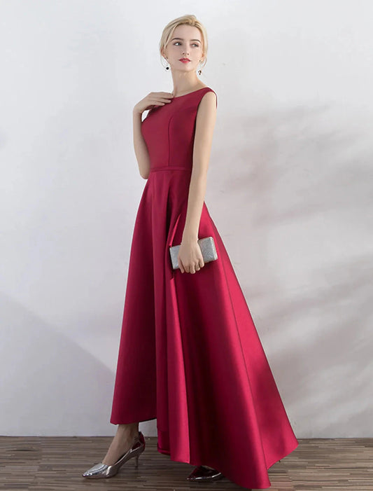 A-Line Evening Gown Minimalist Dress Party Wear Formal Evening Asymmetrical Sleeveless Jewel Neck Satin with Sleek by YiHuiw