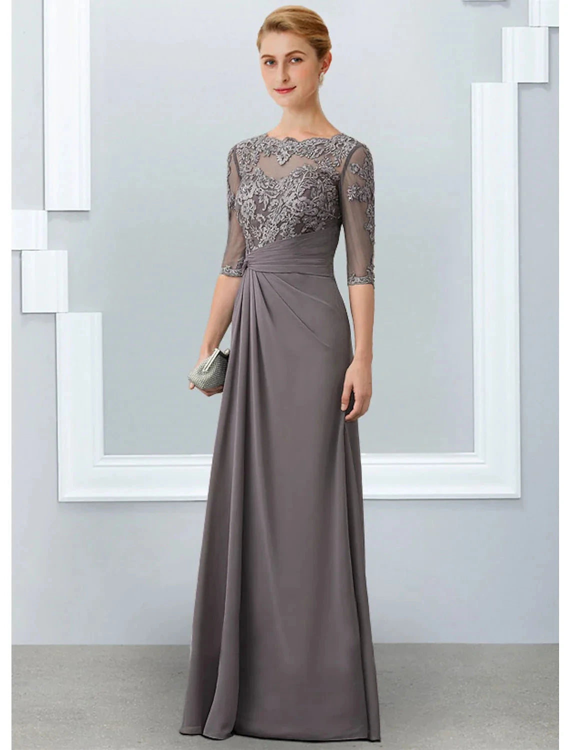 Sheath / Column Mother of the Bride Dress Elegant Jewel Neck Floor Length Chiffon Lace 3/4 Length Sleeve with Appliques by YiHuiw