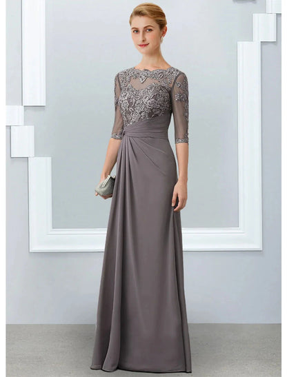 Sheath / Column Mother of the Bride Dress Elegant Jewel Neck Floor Length Chiffon Lace 3/4 Length Sleeve with Appliques by YiHuiw