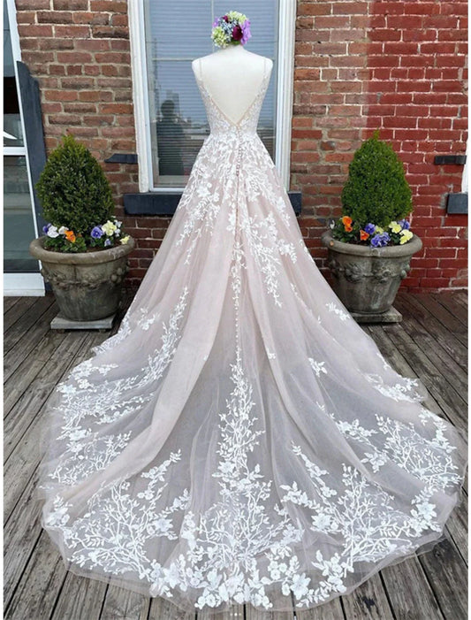 Engagement Wedding Dresses in Color Formal Wedding Dresses A-Line Sweetheart Camisole Spaghetti Strap Court Train Lace Bridal Gowns With Buttons Appliques Summer Wedding Party Women's Clothing by YiHuiw