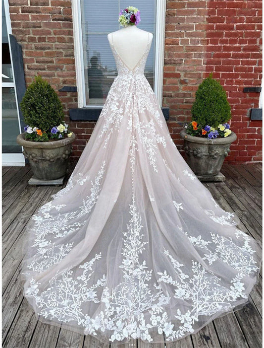 Engagement Wedding Dresses in Color Formal Wedding Dresses A-Line Sweetheart Camisole Spaghetti Strap Court Train Lace Bridal Gowns With Buttons Appliques  Summer Wedding Party  Women's Clothing