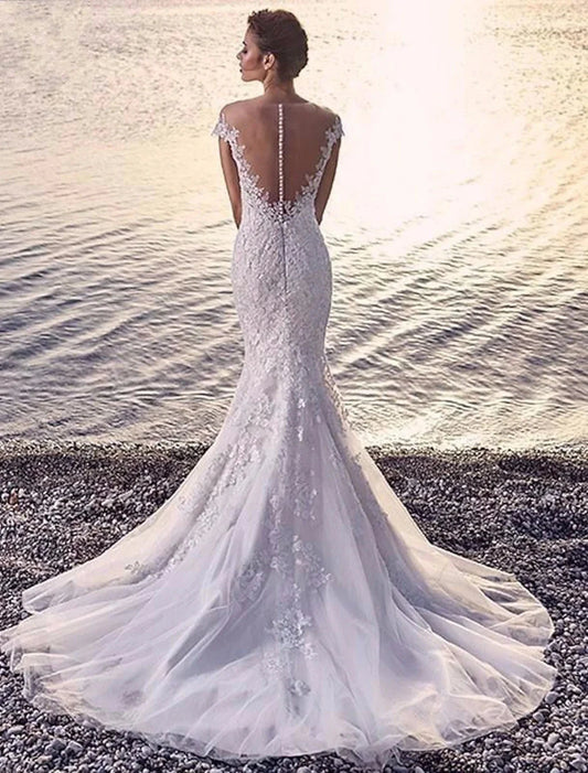 Beach Formal Wedding Dresses Mermaid / Trumpet Scoop Neck Off Shoulder Cap Sleeve Court Train Lace Bridal Gowns With Appliques Summer Wedding Party Women's Clothing by YiHuiw