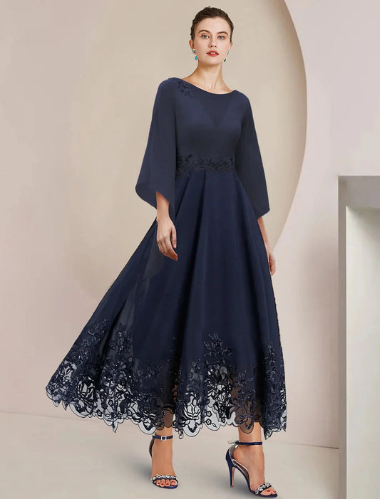 A-Line Mother of the Bride Dress Wedding Guest Party Elegant Scoop Neck Tea Length Chiffon Lace 3/4 Length Sleeve with Appliques by YiHuiw