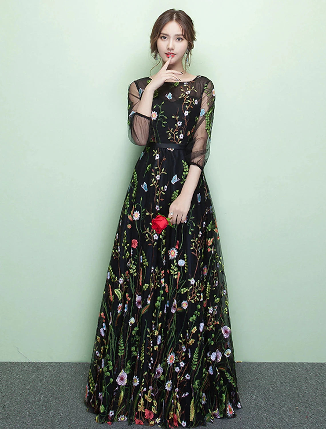 A-Line Elegant Sparkle & Shine Formal Evening Dress Jewel Neck 3/4 Length Sleeve Floor Length Lace with Embroidery by YiHuiw