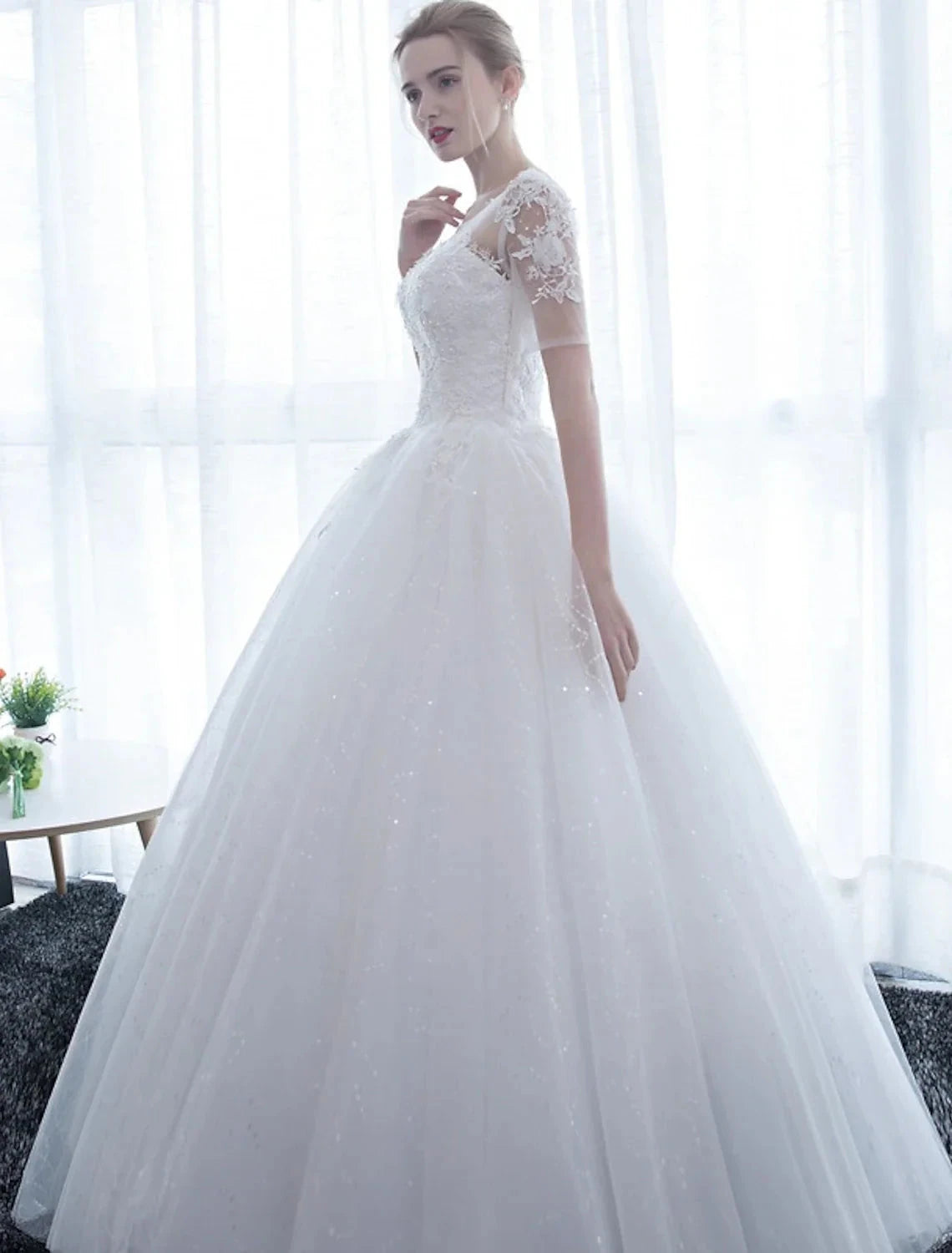 Reception Formal Wedding Dresses Ball Gown Illusion Neck Half Sleeve Floor Length Satin Bridal Gowns With Lace Summer Wedding Party Women's Clothing by YiHuiw