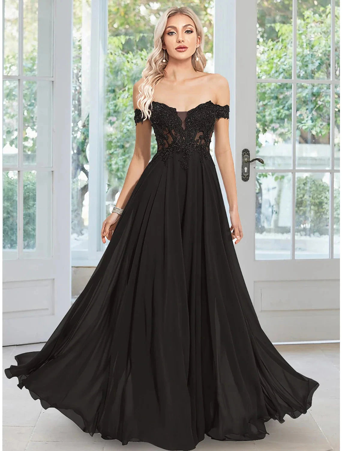A-Line Evening Gown Floral Dress Prom Floor Length Sleeveless Off Shoulder Chiffon with Appliques by YiHuiw