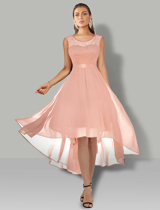 A-Line Cocktail Dresses Vintage Dress Party Wear Wedding Guest Asymmetrical Sleeveless Jewel Neck Chiffon with Pleats Lace Insert Pure Color by YiHuiw