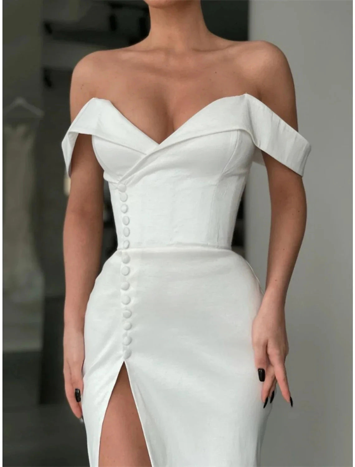 A-Line Evening Gown Elegant Dress Formal Court Train Long Sleeve Off Shoulder Satin with Buttons Pleats Slit by YiHuiw