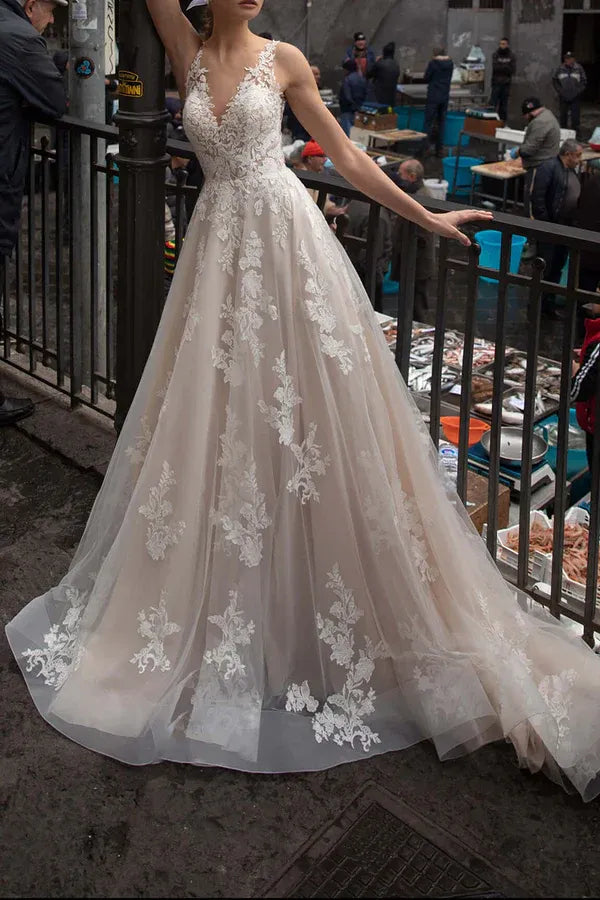 A-Line V-Neck Sleeveless Floor-Length Wedding Dress - Yihuiw by Yihuiw