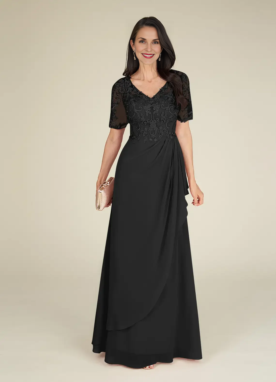 Refined Sheath V Neck Short Lace Sleeve Ruched Back Floor Length Mother of the Bride Dress by YiHuiw