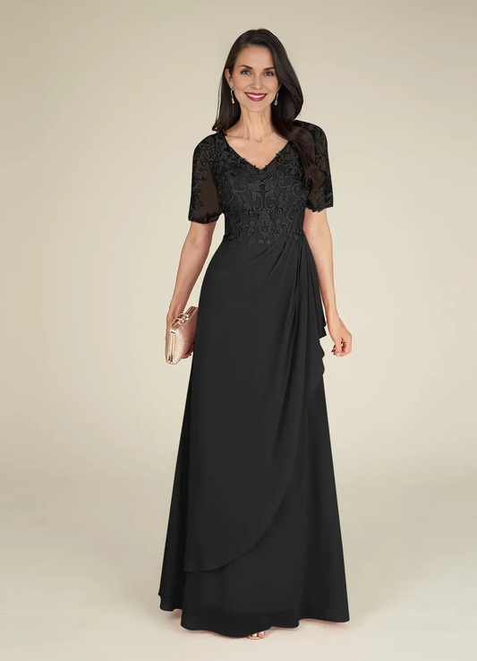 Refined Sheath V Neck Short Lace Sleeve Ruched Back Floor Length Mother of the Bride Dress by YiHuiw