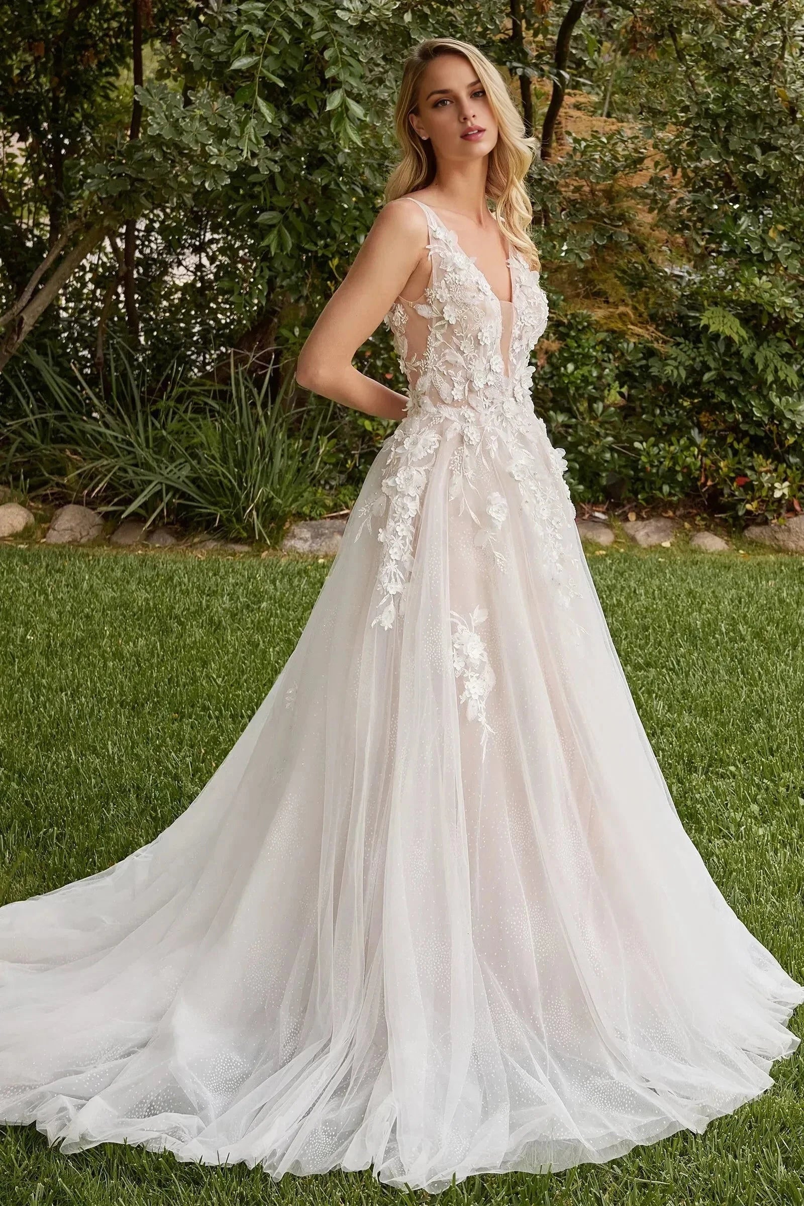 Enchanting A Line V Neck Sleeveless Plunging Back Floor Length Wedding Dress by YiHuiw