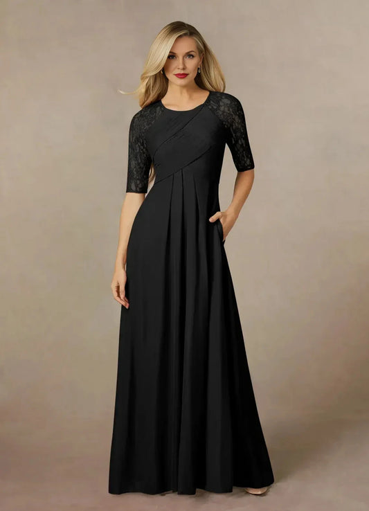 Graceful A Line Crew Neck Three Quarter Lace Sleeve Ruched Back Floor Length Mother of the Bride Dress by YiHuiw