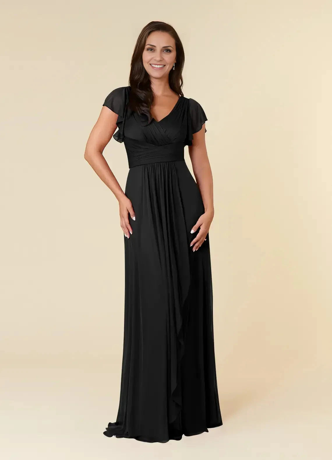 Graceful A Line V Neck Flutter Sleeve Ruched Back Floor Length Mother of the Bride Dress by YiHuiw