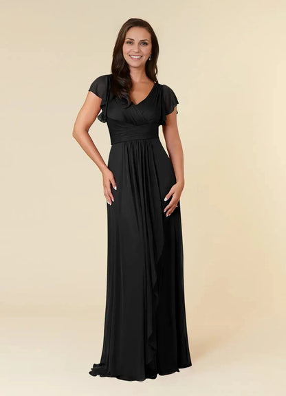 Graceful A Line V Neck Flutter Sleeve Ruched Back Floor Length Mother of the Bride Dress by YiHuiw
