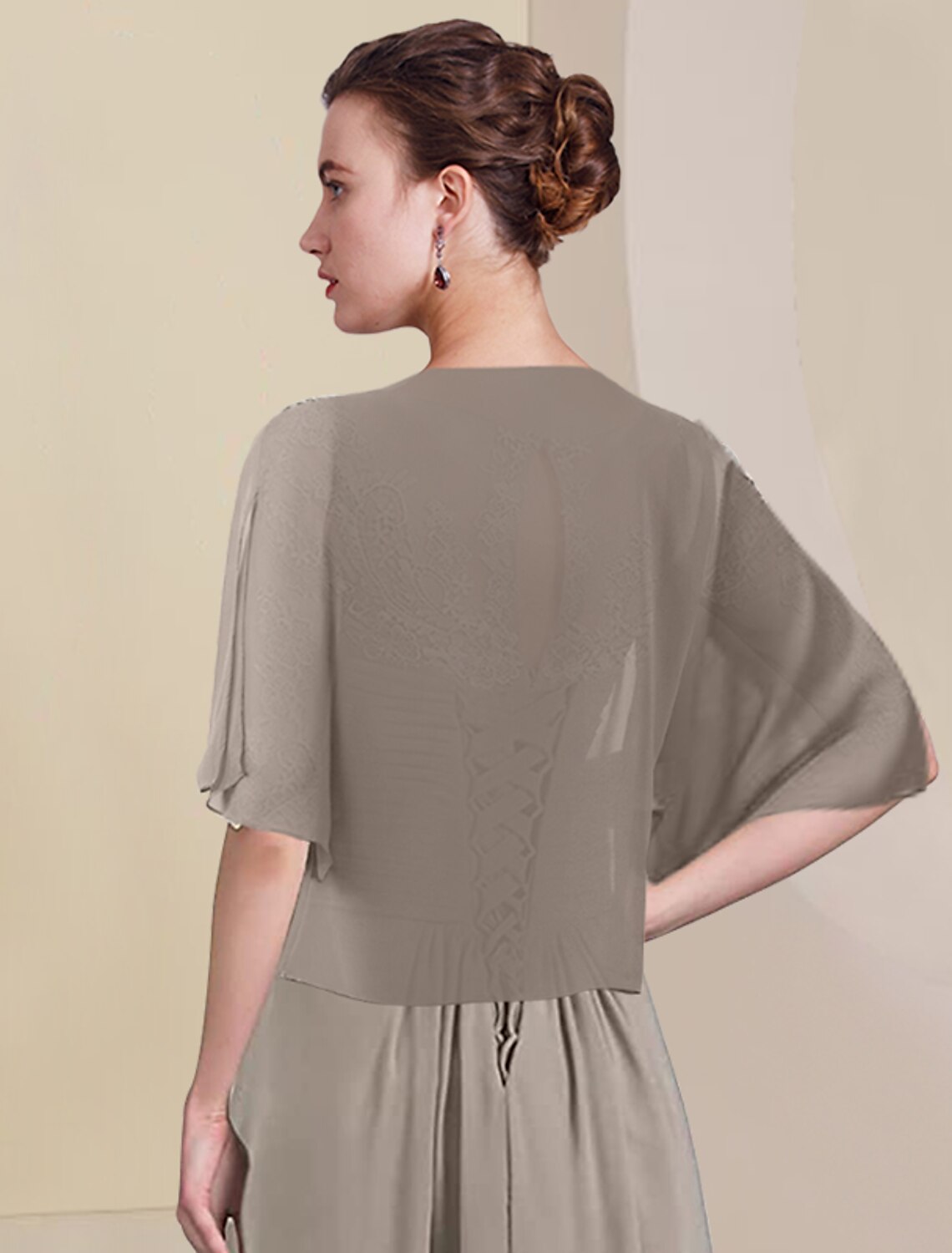 Two Piece A-Line Mother of the Bride Dress Formal Wedding Guest Elegant High Low V Neck Asymmetrical Tea Length Chiffon Lace Half Sleeve Wrap Included with Ruched Appliques by YiHuiw