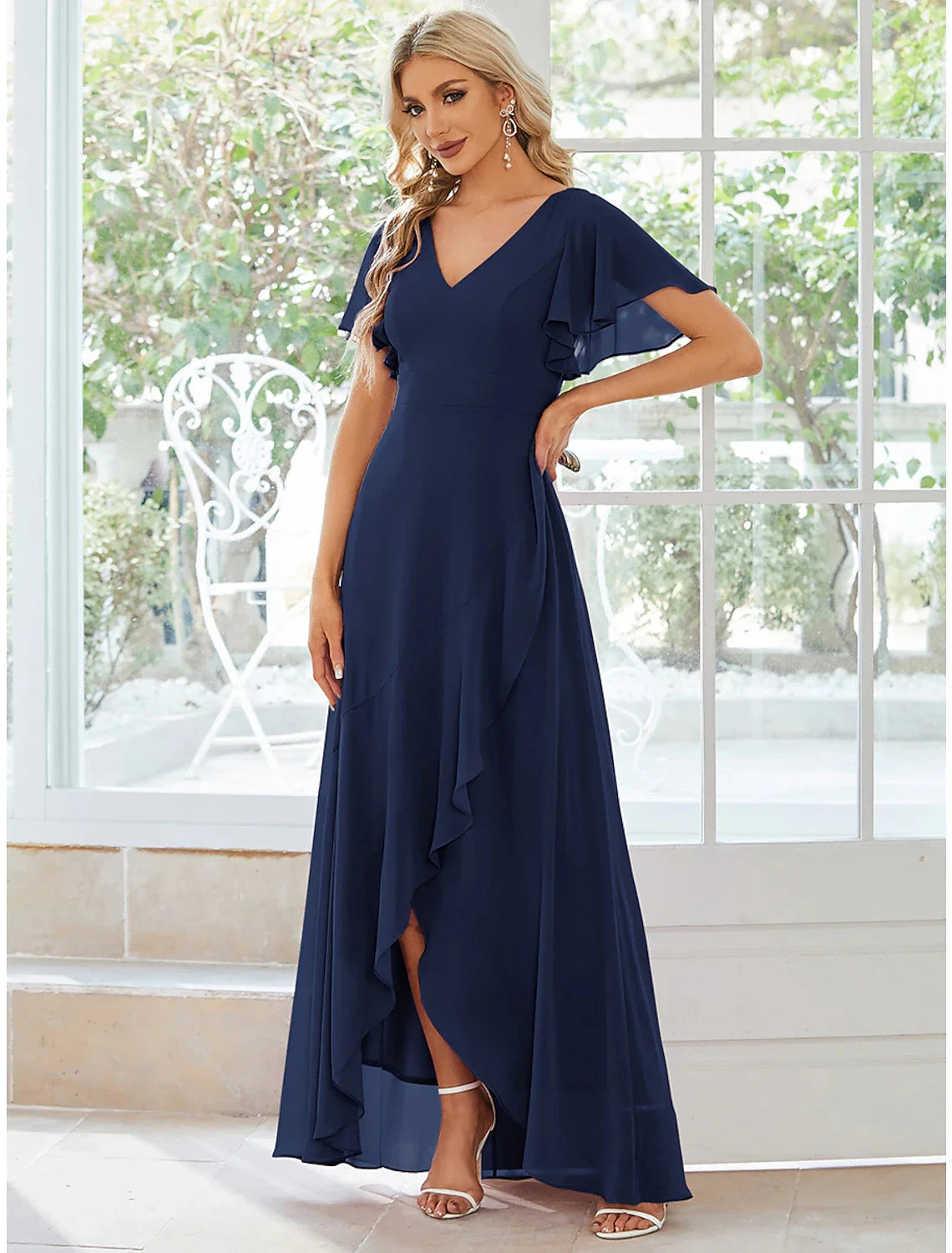 A-Line Wedding Guest Dresses Casual Dress Party Dress Wedding Party Asymmetrical Short Sleeve V Neck Bridesmaid Dress Chiffon with Ruffles Pure Color by YiHuiw