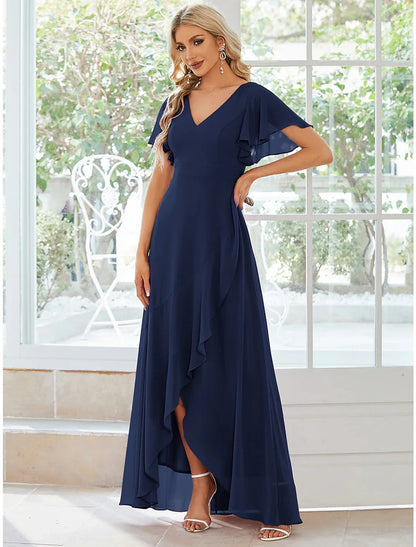 A-Line Wedding Guest Dresses Casual Dress Party Dress Wedding Party Asymmetrical Short Sleeve V Neck Bridesmaid Dress Chiffon with Ruffles Pure Color by YiHuiw