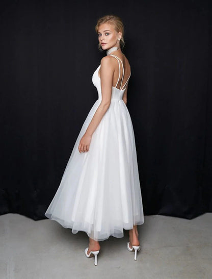 Reception Little White Dresses Casual Wedding Dresses A-Line Camisole V Neck Spaghetti Strap Ankle Length Tulle Bridal Gowns With Solid Color Summer Wedding Party Women's Clothing by YiHuiw