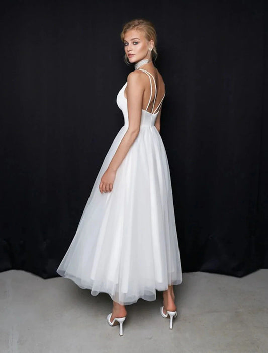 Reception Little White Dresses Casual Wedding Dresses A-Line Camisole V Neck Spaghetti Strap Ankle Length Tulle Bridal Gowns With Solid Color Summer Wedding Party Women's Clothing by YiHuiw