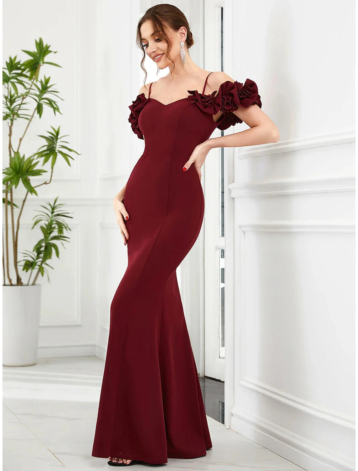 Mermaid / Trumpet Evening Gown Vintage Dress Engagement Floor Length Sleeveless Off Shoulder Polyester with Ruffles by YiHuiw