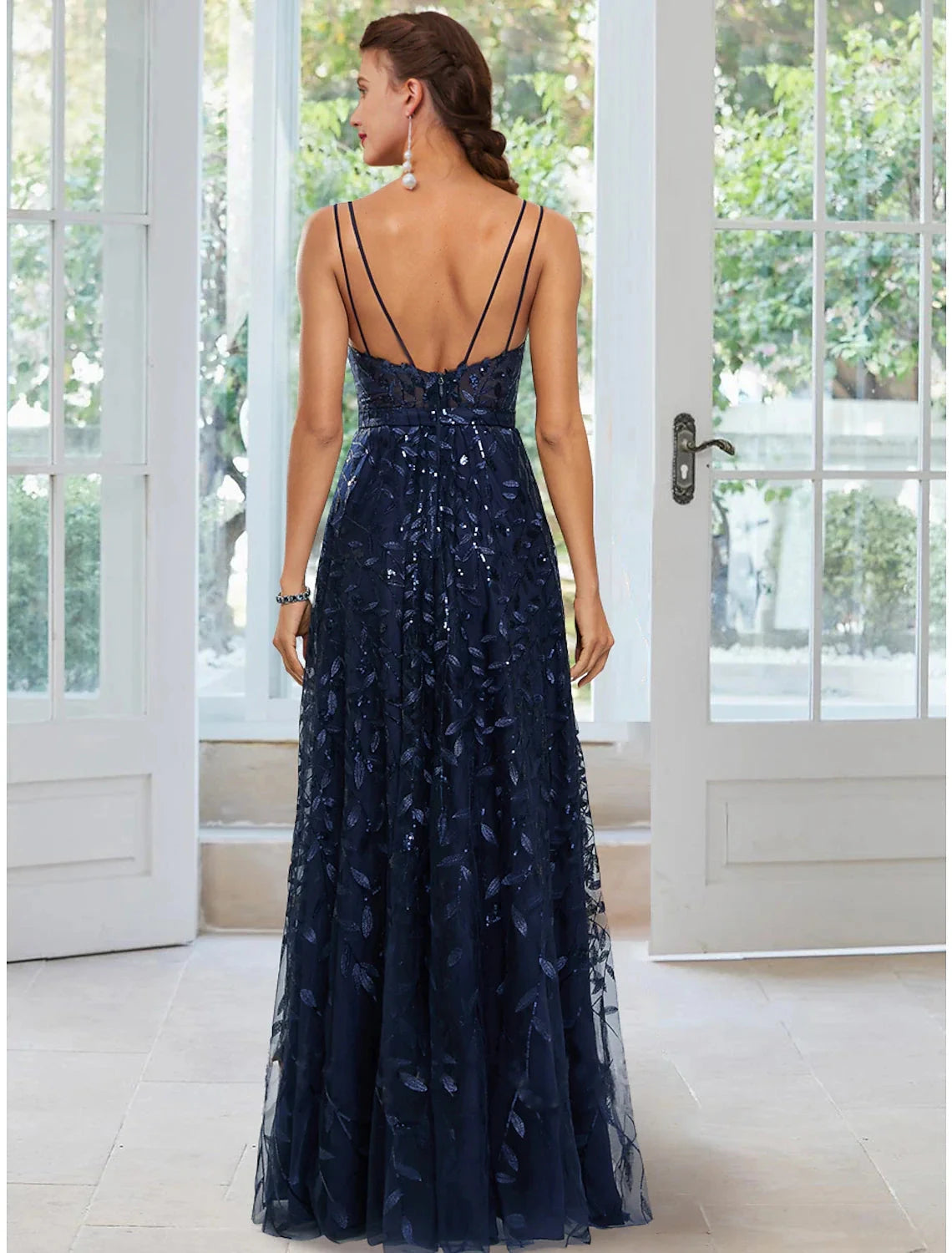 A-Line Evening Gown Floral Dress Formal Floor Length Sleeveless Spaghetti Strap Satin with Slit Appliques by YiHuiw
